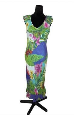 VTG Y2K Majick Tropical Floral Midi Dress Ruffle Beaded Resort Cruise Size Large